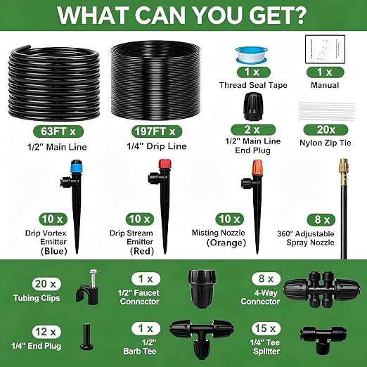260FT Drip Irrigation System for Garden with 38pcs Adjustable Copper Nozzles & Emitters, Automatic Garden Watering System with 1/2" & 1/4" Tubing for Raised Bed, Yard, Greenhouse, Potted Plants, Lawn