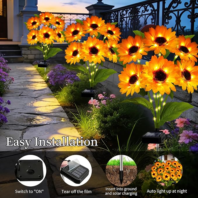 Solar Garden Lights Outdoor, 3 Pack Solar Sunflower Lights with 18 Head 3.45 Inch Flowers, Waterproof Flowers Light Fall Thanksgiving Decorations for Garden Yard Patio Backyard, Gifts for Mom Women