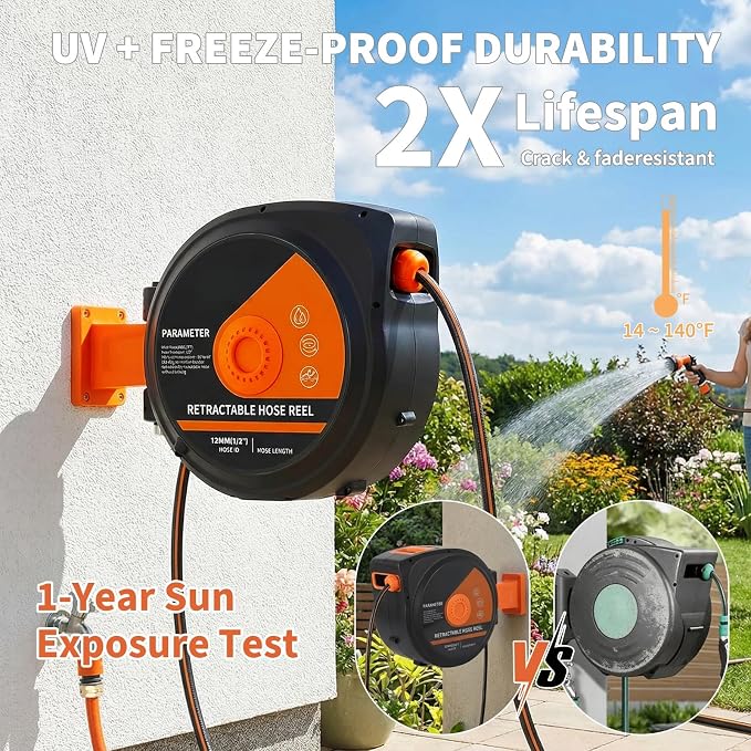 1/2 in x 65 ft Retractable Garden Hose Reel, Wall Mounted, 9-Function Nozzle, Any Length Lock, 180° Swivel, Auto Slow Rewind for Watering Lawn, Washing Car, Cleaning Patio