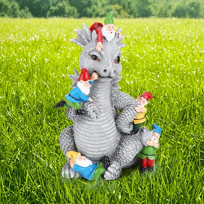 Dragon Gnome Statues Outdoor Decor, 13” Dinosaur Play with Gnomes Garden Statue, Outdoor Statue for Outside,Lawn Yard Decor, Gardening Gift