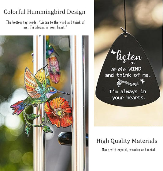 YU FENG Hummingbird Memorial Wind Chime, Yellow Flower Suncatcher Decor | 34 Inch Metal Wind Chime, Crystal Prism Accent, Sympathy Gift For Mom Grandma, Outdoor Garden Patio Decor