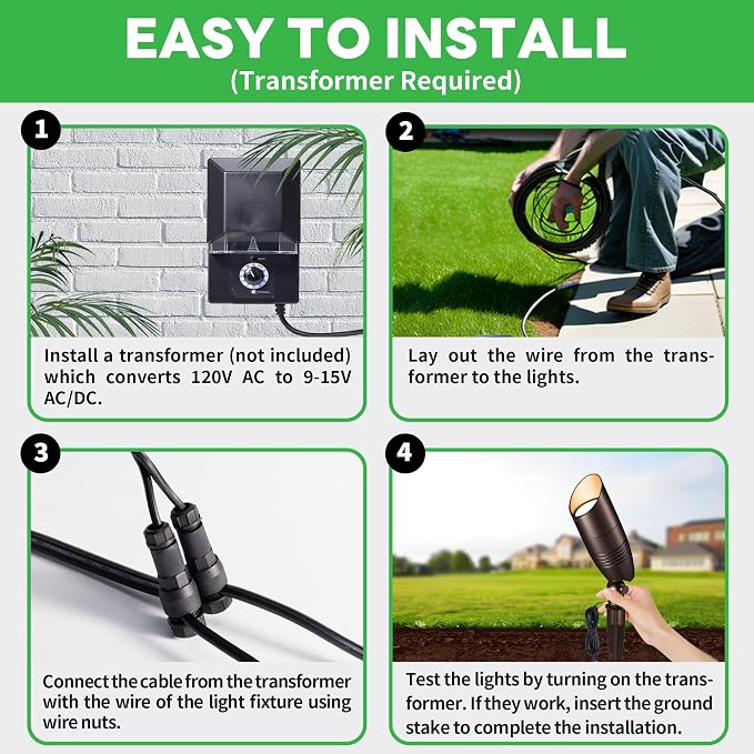 Outdoor Landscape Lighting Kit, 8 Pack Spotlights and 100FT Cable and 30 Wire Connectors, 3CCT Aluminum ORB LED Spotlight, Perfect for Porch Backyard Fence, Without Transformer