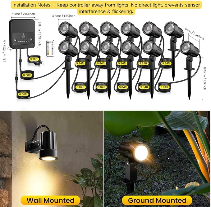 LED Landscape Lighting Kit Landscaping Lights with Remote Control Dimmable IP66 Waterproof 2700-6500K Spot Lights for Outdoor Garden Lawn Patio Yard with US Plug 12 Pack