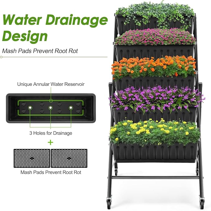 Homdox 2 Pack Vertical Garden Bed, 5 Tiers Raised Garden Planter, 25.6 * 26 * 48 Inch with Drainage System & 4 Hooks, Vegetable Flower Stand for Garden Patio Yard (Black with 4 Wheels)