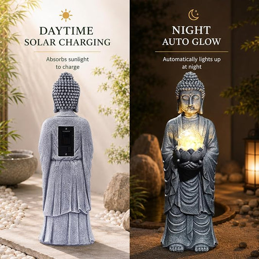 Goodeco Buddha Statue with Solar Lotus – 18.2 Inch Tall Large Garden Buddha Statue for Outside, Outdoor Zen Garden Statues