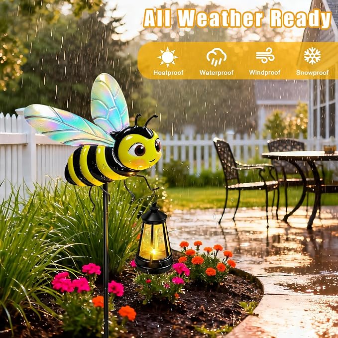 EDOF 32.28in Metal Bee Garden Stakes with Solar Lights Outdoor Decorative | Solar Lights Waterproof Bee Garden Decor for Yard Art Outside Patio Porch Lawn,Birthday Gifts for Women Mom