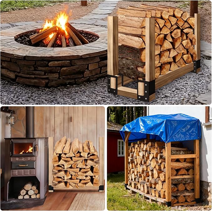4 Pcs Firewood Rack Indoor Outdoor, Adjustable Bracket Powder Coated | Heavy Duty Steel Holder for Fireplace Wood Storage, Log Holder for Patio Deck, Sturdy, Easy Assembly