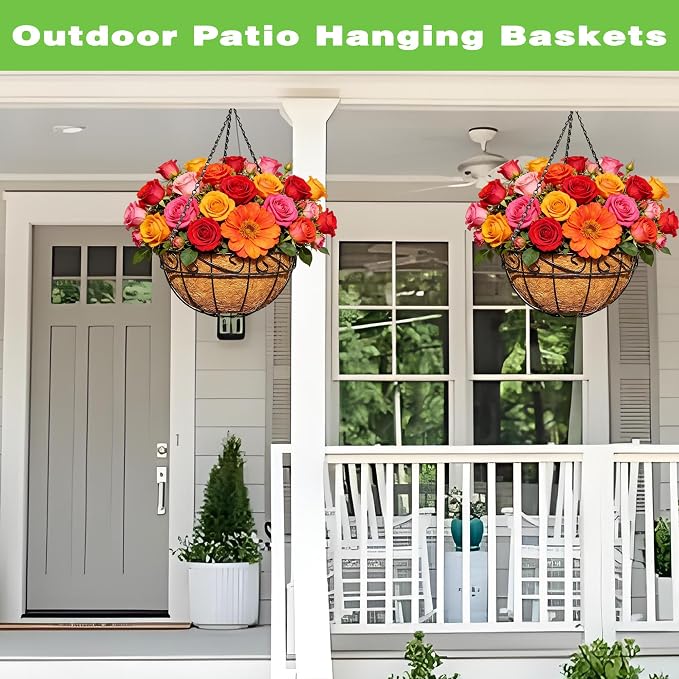 2 Pack 12 Inch Black Metal Hanging Basket Hanging Planter with Coco Coir Liner Heavy Duty Hanging Flower Pot Holder for Indoor Outdoor Patio Garden Porch Balcony Decor (Lace)