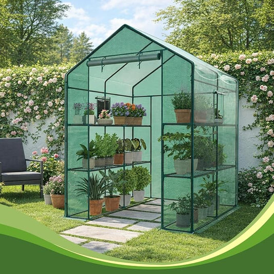 Sweetcrispy Outdoor Greenhouse, Walk-in Greenhouse with Durable PVC Cover, 2 Tier 8 Plant Shelves, 56"x56"x77" Portable Greenhouses for Outdoor Garden, Patio, Porch, Backyard Green Houses, Green