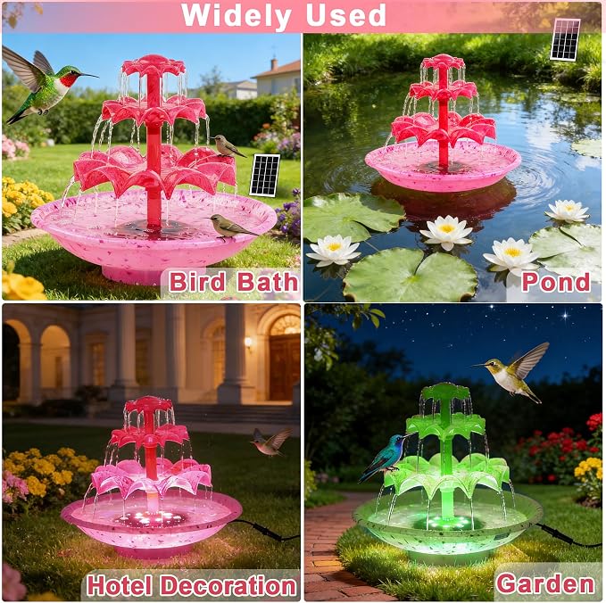 Yeomi Red 3-Tier Solar Fountain Pump with LED Lights, 24H Outdoor Water Feature, Detachable Design, Multi-Function Bird Bath Fountain for Garden Patio Yard Backyard Pond, 3.5W