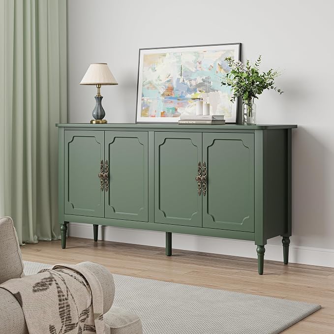 RoyalCraft Sideboard Buffet Cabinet with Storage, 59" Mid Century Modern Credenza with 4 Doors, Coffee Bar Wine Bar Storage Cabinet with Artistic Carved Handle for Living Room, Dining Room, Green