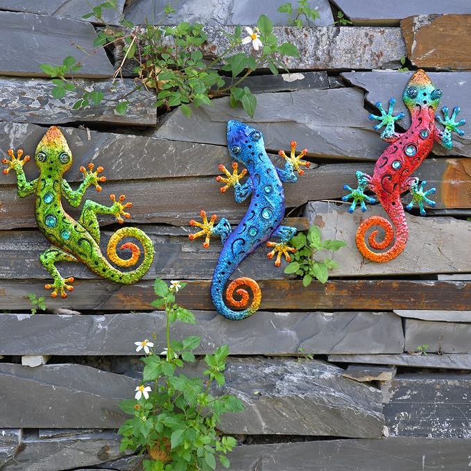 Metal Lizards Outdoor Decor Metal Gecko Wall Decoration Geico Lizard 13.5 * 8.5 Inch 3 Pack Set Suitable for Hanging in Yard Or Fence