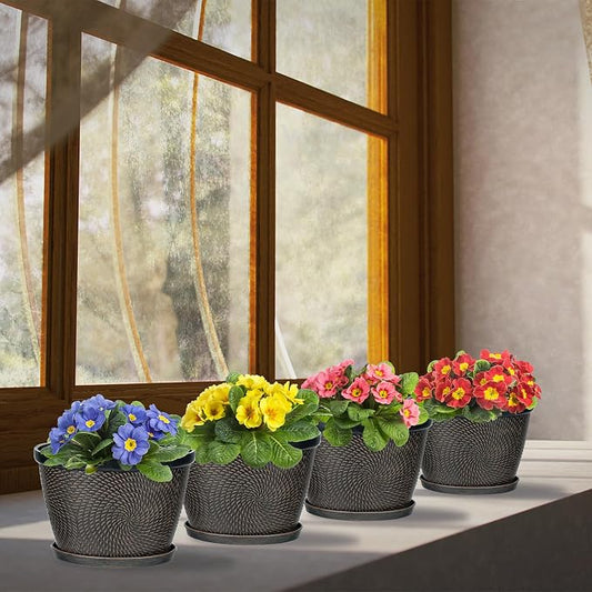 Quarut 4 Pack 6 Inch Flower Pots for Outdoor Indoor, Plastic Plant Pots with Drainage Hole & Saucer, Lightweight Small Flower Pot, Circle Pattern Planters for Garden House planters(Brown)