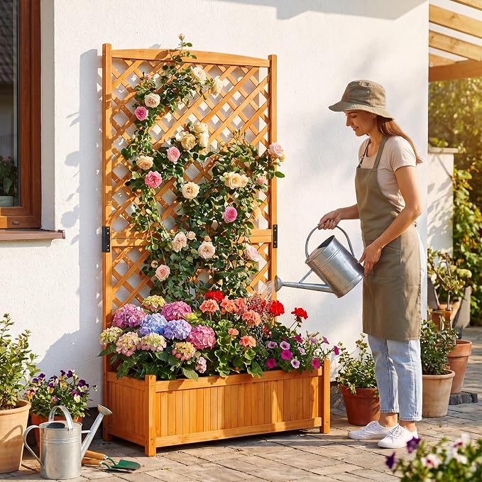 Giantex Raised Garden Bed with Trellis, 71" Wooden Elevated Planter Box, High Trellis for Plant Flower Climbing Pot Hanging, Indoor & Outdoor Planter Box for Yard, Garden, Balcony