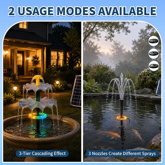 Yeomi 6W Solar Fountain Pump, Independent Solar Panel Water Fountain with 2 Spray Modes & 3 Nozzles, Built-in Filter for Garden, Patio, Pond Decoration
