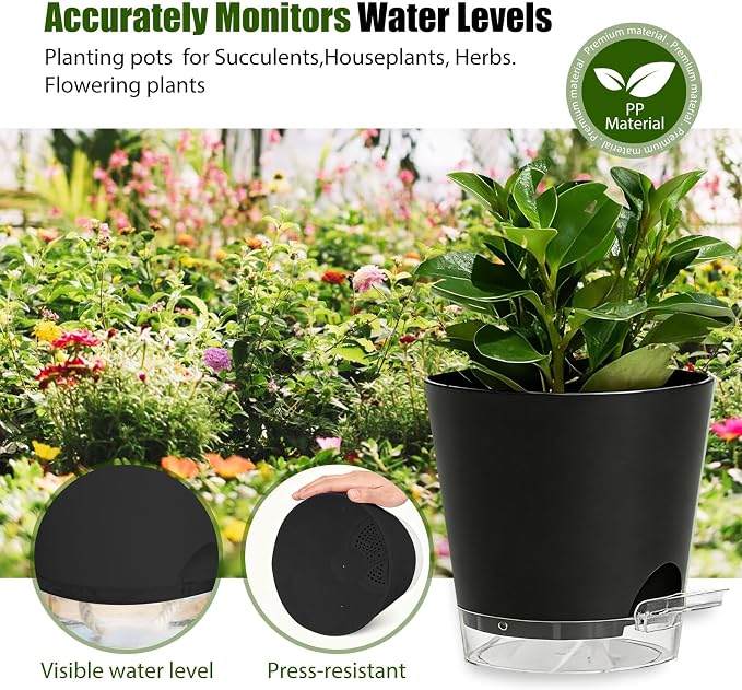 Plant Pots 5 Inch Self Watering Pots,6 Pack Plastic Planters with Drainage Holes and Clear Saucers,Plastic Flower Pots,Nursery Planting Pot for Indoor Out Door Plants (Black)