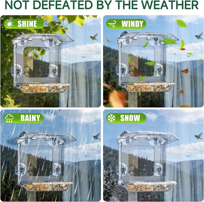 Window Bird Feeder with 4 Extra Strong Suction Cups (2.5 Inch) | Clear Bird Feeder with Dual Seed Tray, Easy to Install and Clean, Birdfeeder for Close-Up Viewing Birds, Bird Watching Gift