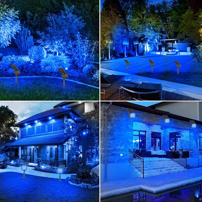 Solar Spot Lights Outdoor, Blue Solar Lights Outdoor Waterproof IP65, Adjustable Panel Landscape Spotlights for Tree Yard Halloween Christmas Landscape Decor, 6 Pack