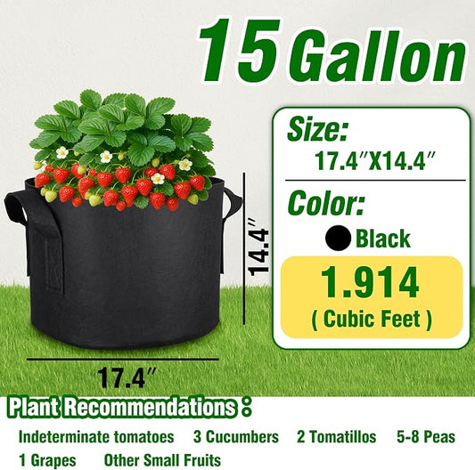12-Pack 15 Gallon Grow Bags, Heavy Duty Fabric Pots with Handles, Reusable Plant Bags for Vegetable, Herbs & Flowers, BPA-Free, Breathable, Durable