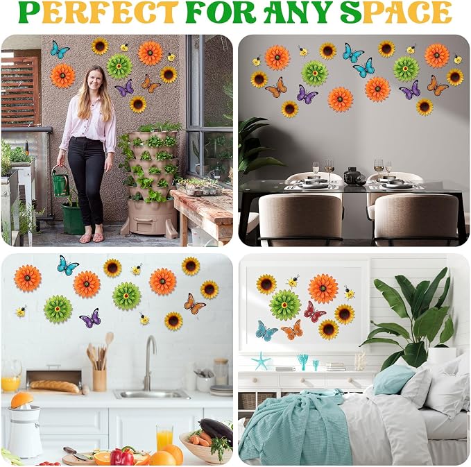 Therwen 10 Pcs Metal Wall Art Decor for Outside 3D Metal Sunflower Backyard Decorations Hanging Outdoor Wall Art Multicolored Flowers for Garden Fence Patio Yard Outdoor Porch