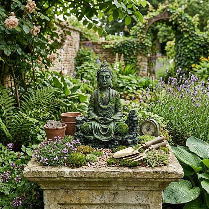 Meditating Buddha Statue, Large Aquarium Decor Accessories, Resin Zen Garden Decor for Aquarium Fish Tank, Outdoor Patio and Indoor Home Office Shelf (Gray Buddha)