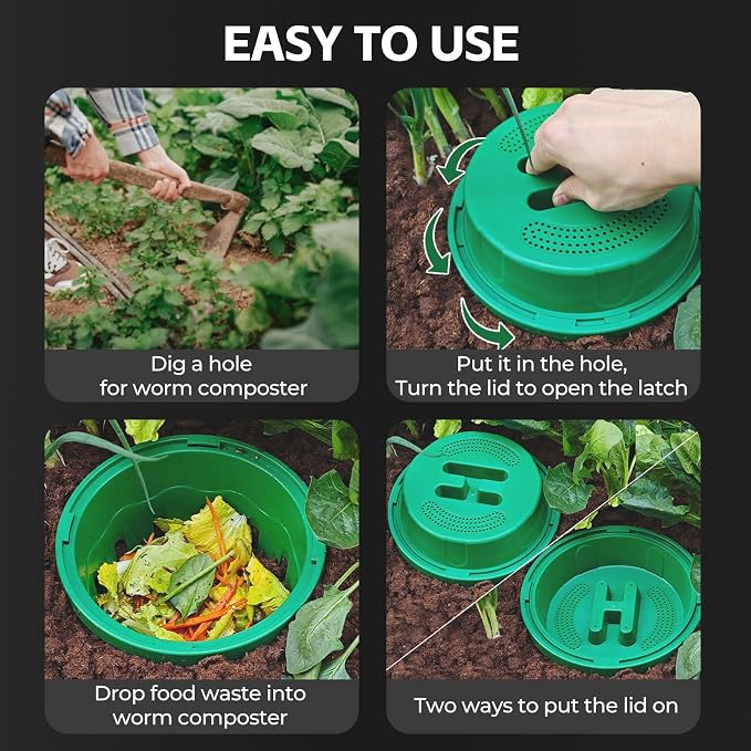 Warm Composter, 6-Pack 8L (2.11Gal) Inground Worm Compost Bin, Outdoor Worm Farm for Garden Beds & Home Use, Vermicomposting Bin for Beginners (9.5x9.5x10.8Inch), Green