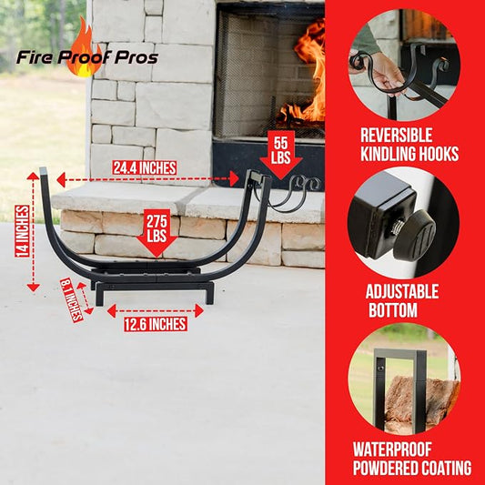FireProof Pros Firewood Rack Outdoor and Indoor Firewood Storage with Kindling Wood Hooks. 24.5 in curved Double Coated Fire Wood Rack. Waterproof Rustproof Stable Log Holder and Fireplace Organizer