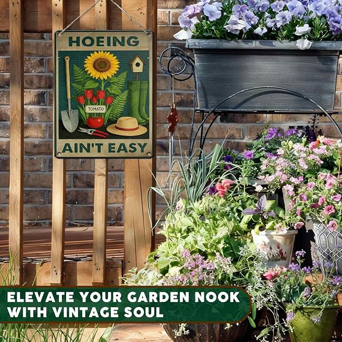 PEACHGARDEN Hoeing Ain't Easy Sign Funny Garden Metal Sign Yard Art Garden Wall Decor Patio Decor for Outdoor Porch Greenhouse Backyard Cabin 12x16 inch