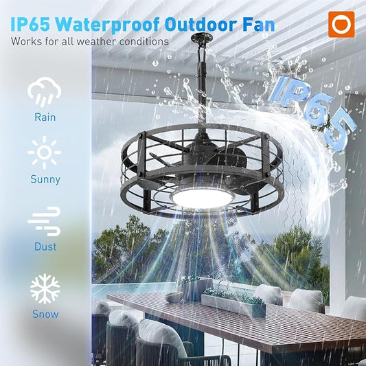 addlon 20 Inch Outdoor Ceiling Fans with Lights, IP65 Waterproof Plug in Caged Hanging Fan for Gazebo, Remote Control, 3 CCT, 6 Speeds Reversible Outdoor Fan for Patio, Pergola, Porch