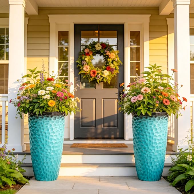 23.75" Turquoise Teal Plastic Tall Planters with Honeycomb Texture | Set of 2 PP tall planters with turquoise teal honeycomb texture, drainage plugs, and UV-treated finish for porch or patio