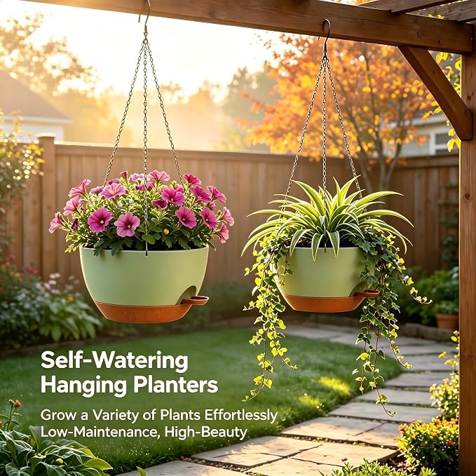 12 Inch Self Watering Hanging Planters 2 Pack, Green Brown | Plastic planters with drainage holes and saucers. Suitable for indoor, outdoor, kitchen, balcony and garden plant decor.