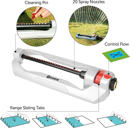 Eden 94111 Heavy Duty Metal Oscillating Sprinkler, Covers Up to 3,328 sq. ft., 20 Precision Nozzles, Flow Control, Adjustable Range, Quick Connect Bundle, Silver, Red, Black