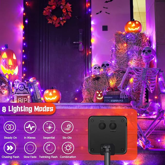 JMEXSUSS 2 Pack Solar Halloween Lights, 600LED 206.7FT, Orange and Purple | Halloween Lights Outdoor Waterproof, 8 Modes Solar String Lights for Outside Patio Yard Tree Halloween Decorations