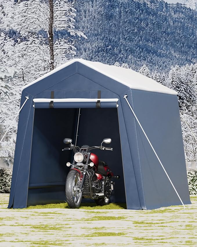6x6 ft Outdoor Storage Shed, Portable Carport with Roll-up Ventilated Zipper Door and Windows, Heavy Duty Waterproof Tarp, Storage Sheds for Motorcycle, Bike, Firewood, Garden Tools