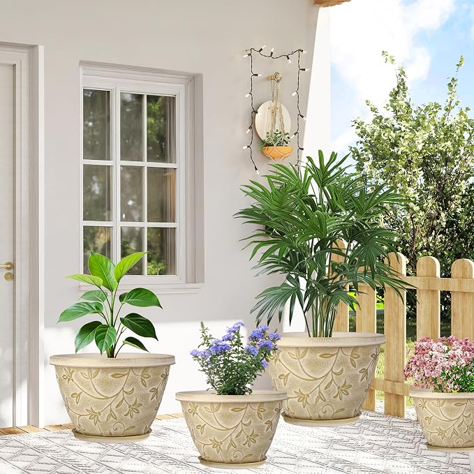 Nooulap 4 Pack 16 Inch Plant Pot with Drainage Hole, Plastic Large Indoor Outdoor Planter, Decorative Flower Pot for Patio, Garden & Front Porch, with Gold Flower Partten (Beige)