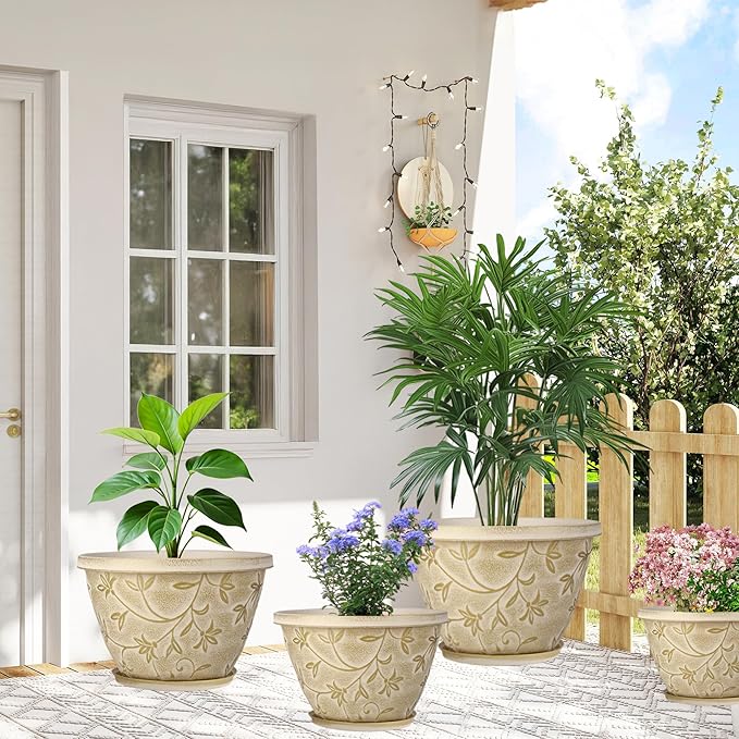 Nooulap 8 Inch Plant Pot, Beige Flower pots, 4 Pack | Indoor Outdoor Planters, Drainage Hole & Trays, Home Garden Beatuy Decor,Plastic Ligehtwight Small Pots