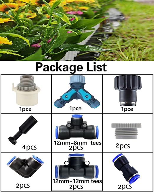 17-Piece Drip Irrigation Fitting Kit with Y-Splitter,Universal Connector & Quick Connector, Includes Elbows, Tees, Stoppers,Easy DIY Garden Watering System (17-Piece Drip Irrigation Fitting Kit)