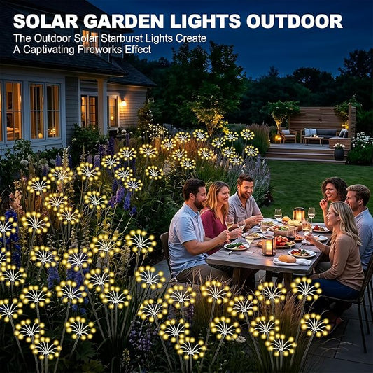 Solar Garden Lights Outdoor, 2 Pack New Upgraded Solar Swaying Starburst Light, Waterproof Fireworks Solar Lights, Yard Patio Pathway Decoration, Warm White
