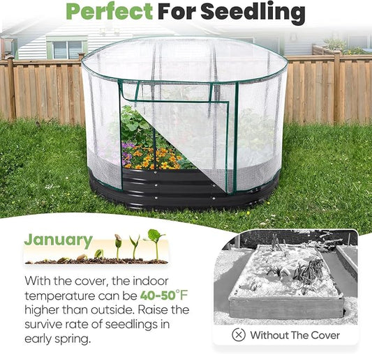 KING BIRD Raised Garden Bed with Cover Galvanized Oval Planter Garden Box Outdoor for Gardening, Vegetables, Flowers White 4x3x1 ft