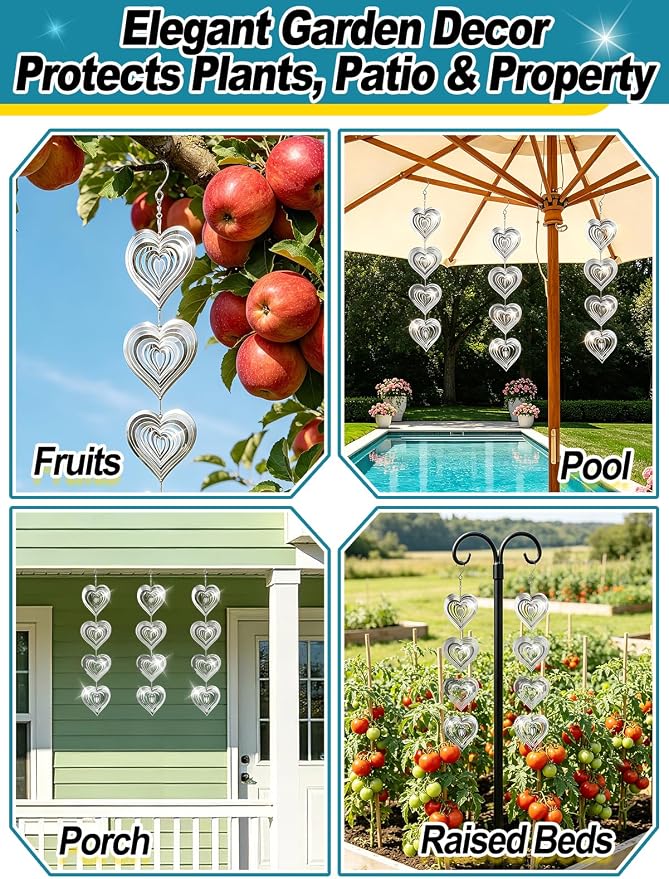 3pcs Reflective Wind Spinners Outdoor for Bird Scare - Stainless Steel Bird Reflectors to Keep Birds Away, Pinwheels for Yard and Garden Decor, Heart-Shaped