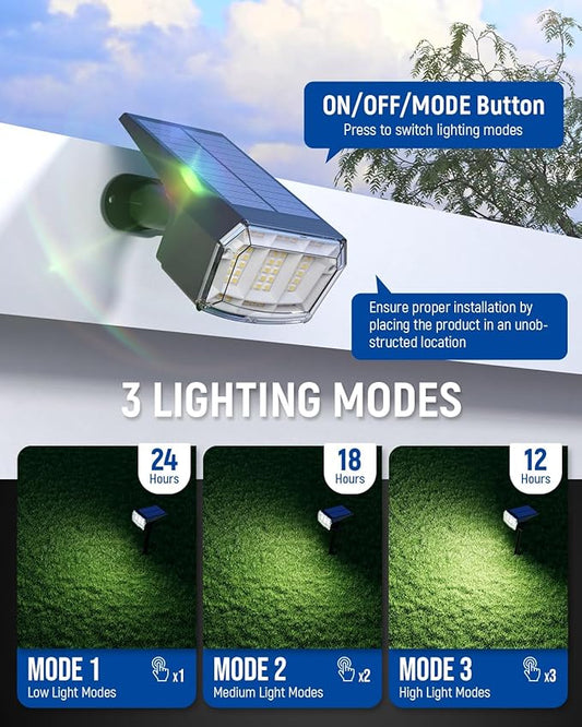 AUDERWIN Solar Spot Lights Outdoor 63 LED 3 Lighting,Waterproof IP65 Modes Spotlights for Outside House Yard Garden Landscape Lights 2 Pack (Natural Light)