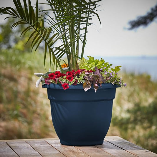 Bloem Ariana 16" Plastic Self-Watering Planter, Navy, 2-Pack | Self-watering disk at the bottom of each pot that acts as a water wick and reservoir for optimal plant health