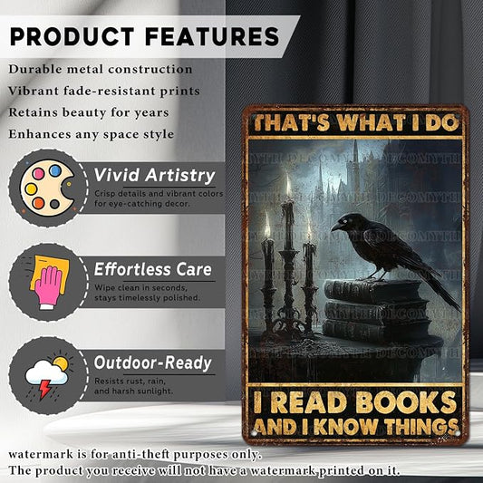 Book Nook Decor Metal Sign Library Sign Vintage Crows Read Book I Know Things Tin Sign for Office Study Library 12 * 8inch