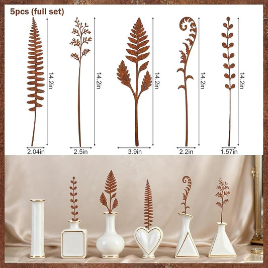 5 Pcs 14.2'' Longer Rusty Metal Flowers and Plants, Rustic Metal Fern Leaf Garden Stakes, Rusty Plant Shaped Decoration for Flower Arrangement Potted Plants Outdoor Lawn Yard Courtyard Art