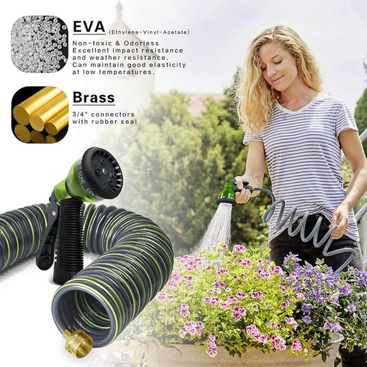 Coil Hose 50FT EVA Coil Garden Hose With 3/4'' Brass Connector Coiled Water Hose Lightweight And No Kink Includes 7 Patterns Spray Nozzle For Outdoors Lawn Watering Car Washing