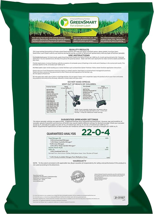 GreenView Lawn Food 16 lb. Bag, Covers 5,000 sq. ft. | 22-0-4 NPK formula - Restores soil nutrients - 8 weeks continuous feeding