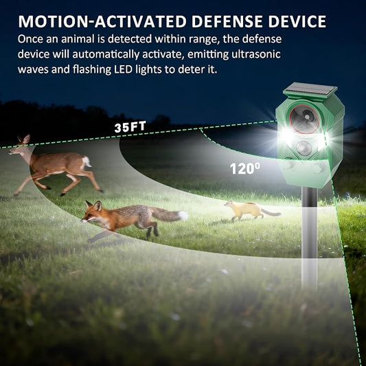 4-Pack Solar Powered Ultrasonic Animal Repeller, Outdoor Waterproof Deer Squirrel with Motion-Activated Sensor Strobe Light, for Cats, Raccoons, Skunks, Rabbits and More