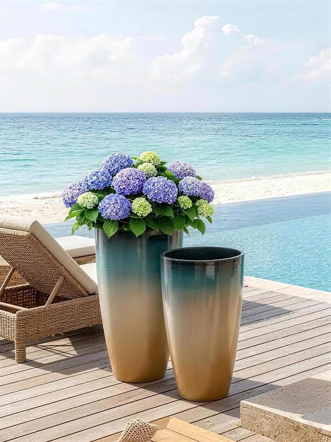 ZMTECH 24/21/12/10 Inch Coastal Teal Ombre Planter Set, 4 Pack Large Outdoor Planters with Drainage Holes & Saucers, Glossy Smooth Lightweight Plastic Plant Pots for Indoor Patio Garden Décor