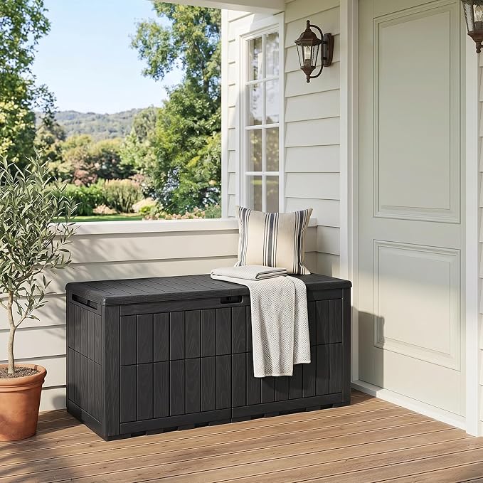 Tangkula 100 Gallon Outdoor Storage Box, Waterproof PP Resin Patio Storage Box with Lockable Lid for Indoor & Outdoor Use, 2-in-1 Rattan Design Deck Box for Cushions, Garden Tools