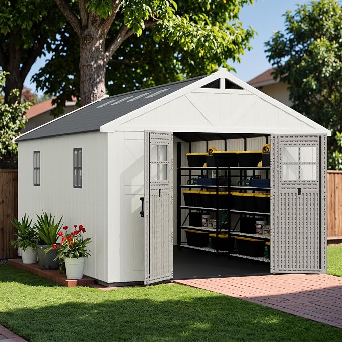 Greesum 10×14FT Plastic Outdoor Storage Shed with Floor and Lockable Door, Resin Sheds with 6-Windows and Multiple Skylights, HDPE Kick-it Shed for Garden, Patio, Backyard, Beige